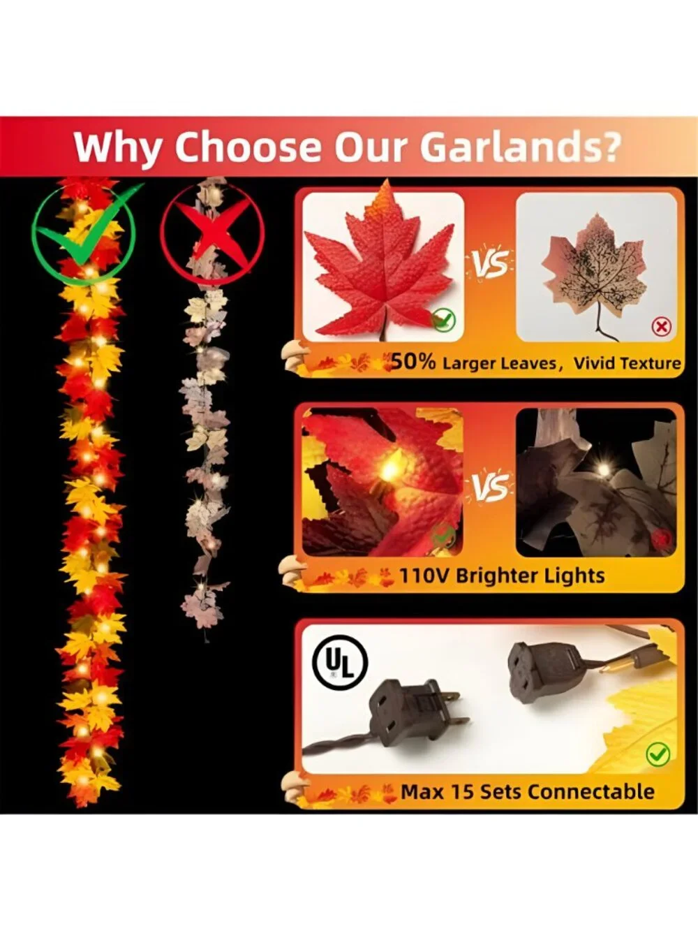 Fall Garland with Lights 9Ft Large Leaves Fall Decor Halloween Decorations